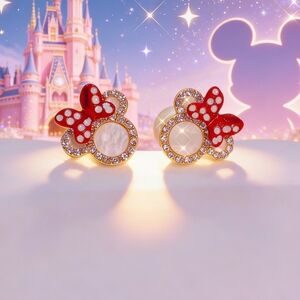 Disney Minnie Mouse Stud Earrings Red Polka Dot Bow & Crystal Halo Gift